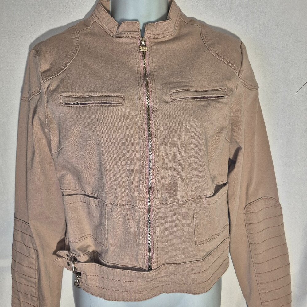 J&Co Denim Jacket, zippered front, buckled waist light tan, in size small